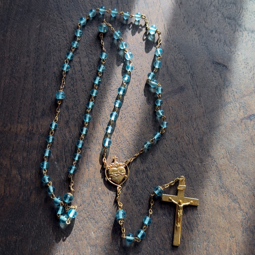 Vintage Catholic Blue beaded Glass Rosary